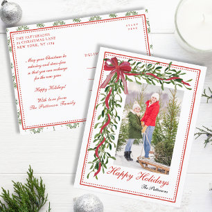 Happy Holidays Mistletoe Red Bow Family Foto Feiertagspostkarte