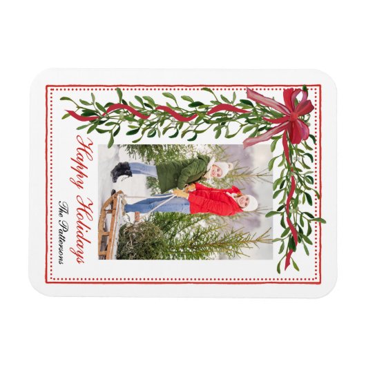 Happy Holidays Mistletoe Red Bow Family Foto Magnet (Horizontal)