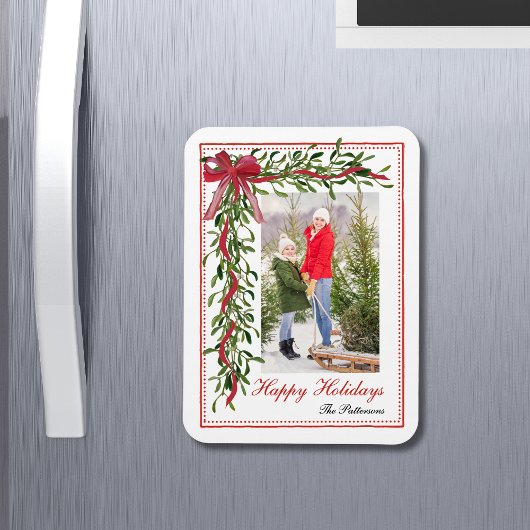 Happy Holidays Mistletoe Red Bow Family Foto Magnet