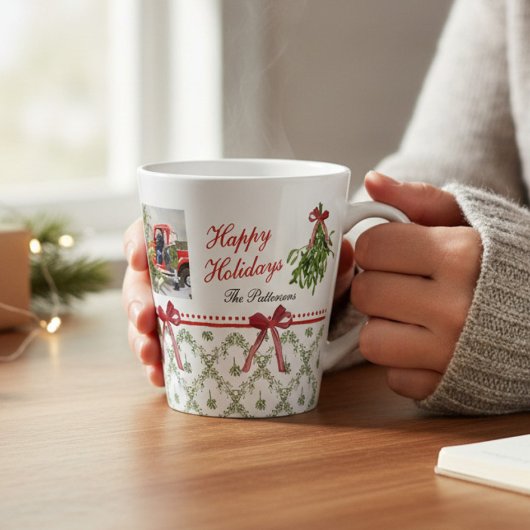 Happy Holidays Mistletoe Red Bow Family Foto Milchtasse