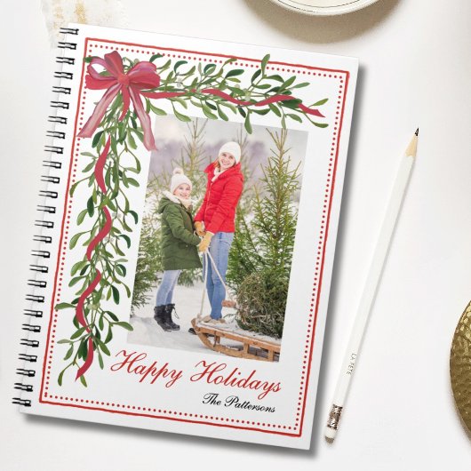 Happy Holidays Mistletoe Red Bow Family Foto Notizblock