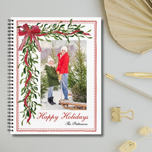 Happy Holidays Mistletoe Red Bow Family Foto Notizblock