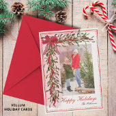 Happy Holidays Mistletoe Red Bow Family Foto Pergament Einladungen