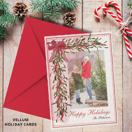 Happy Holidays Mistletoe Red Bow Family Foto Pergament Einladungen