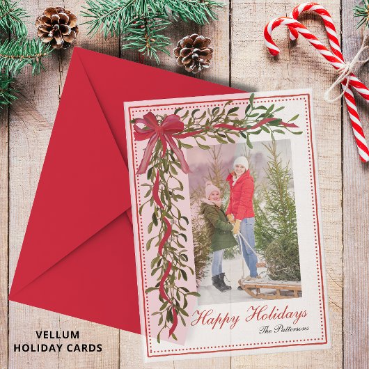 Happy Holidays Mistletoe Red Bow Family Foto Pergament Einladungen