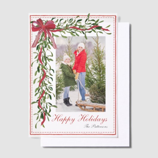 Happy Holidays Mistletoe Red Bow Family Foto Pergament Einladungen (Versetzt)