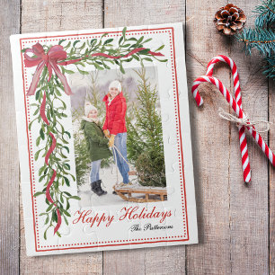 Happy Holidays Mistletoe Red Bow Family Foto Puzzle