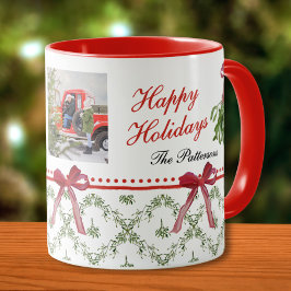 Happy Holidays Mistletoe Red Bow Family Foto Tasse