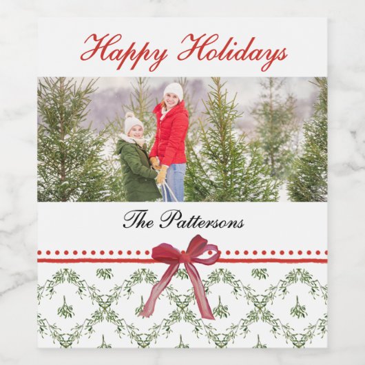 Happy Holidays Mistletoe Red Bow Family Foto Weinetikett (Einzelnes Label)