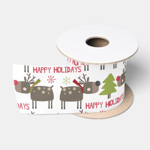 Happy Holidays mit Rentier und Schneeflocken Satinband