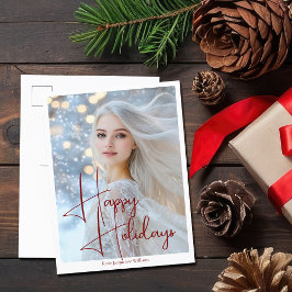 Happy Holidays Model Headshot Red Script Feiertagspostkarte