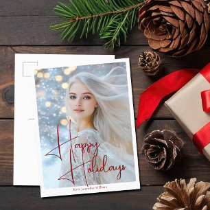 Happy Holidays Model Headshot Red Script Feiertagspostkarte
