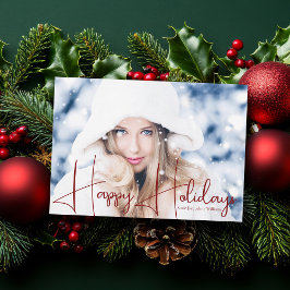 Happy Holidays Model Headshot Red Script Overlay Feiertagskarte