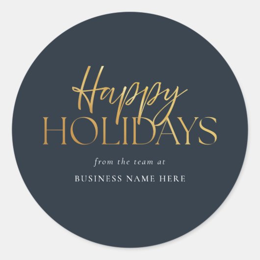 Happy Holidays Modern Blue Gold Script Business Runder Aufkleber (Vorderseite)