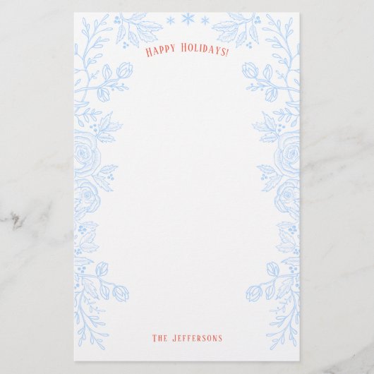 Happy Holidays Modern Blue Red Floral Kontur Briefpapier (Vorderseite)