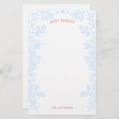 Happy Holidays Modern Blue Red Floral Kontur Briefpapier (Vorne/Hinten)