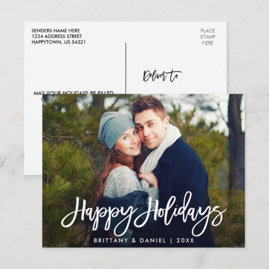 Happy Holidays Modern Brush Script Foto Postkarte (Vorne/Hinten)