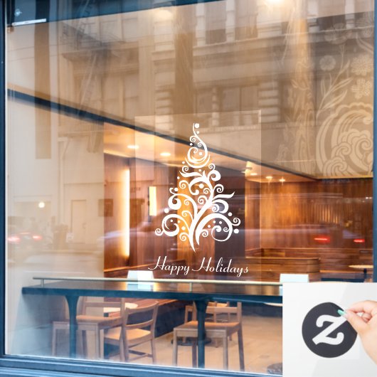 Happy Holidays Modern Christmas Tree weiß Fensteraufkleber (Café-Fenster)