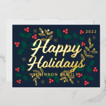 Happy Holidays Modern Holly Berries Foliage