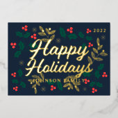 Happy Holidays Modern Holly Berries Foliage Folien Feiertagskarte (Vorderseite)
