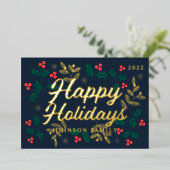 Happy Holidays Modern Holly Berries Foliage Folien Feiertagskarte (Stehend vorne)