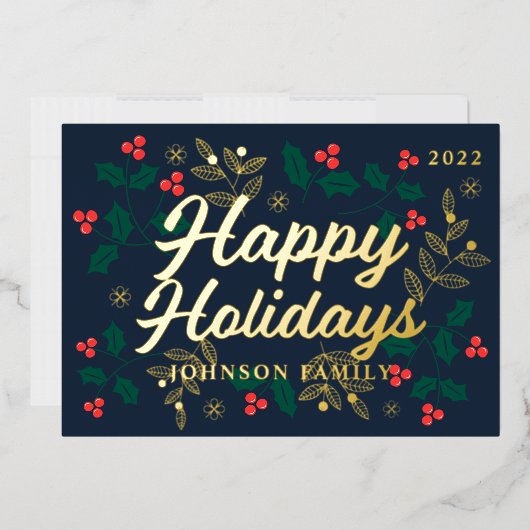 Happy Holidays Modern Holly Berries Foliage Folien Feiertagskarte (Briefumschlag)
