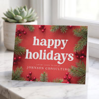 Happy Holidays Modern Holly Berry Pine Needles Red