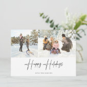 Happy Holidays Modern Script Two Foto Card (Stehend Vorderseite)