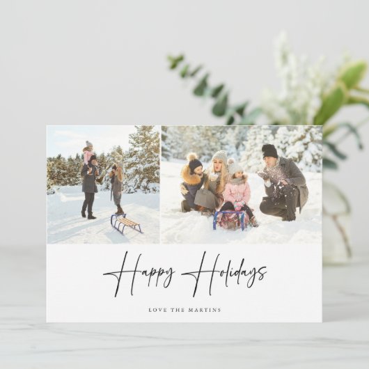 Happy Holidays Modern Script Two Foto Card (Stehend Vorderseite)