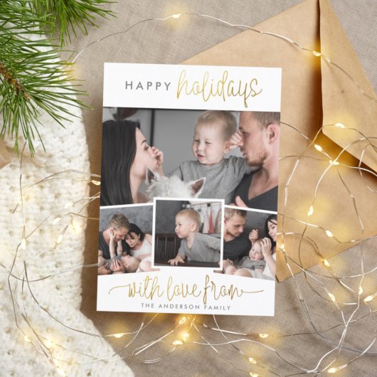 Happy Holidays | Moderne Schrift und 4 Foto Magneteinladung