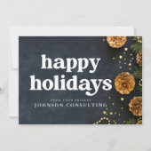 Happy Holidays Moderne Sterne und Golden Pine Cone Ankündigung (Vorderseite)