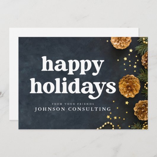 Happy Holidays Moderne Sterne und Golden Pine Cone Ankündigung (Vorne/Hinten)