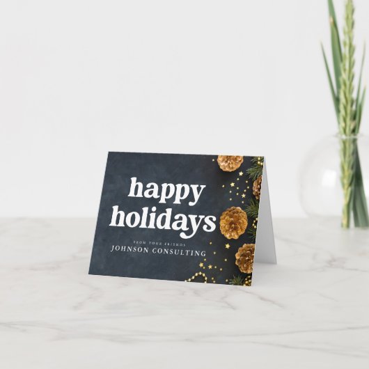 Happy Holidays Moderne Sterne und Golden Pine Cone Karte (Vorderseite)