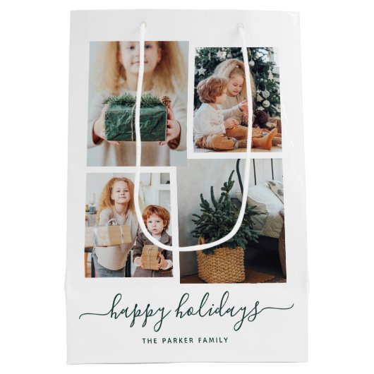 Happy Holidays | Moderne vier FotoCollage Mittlere Geschenktüte (Rückseite)