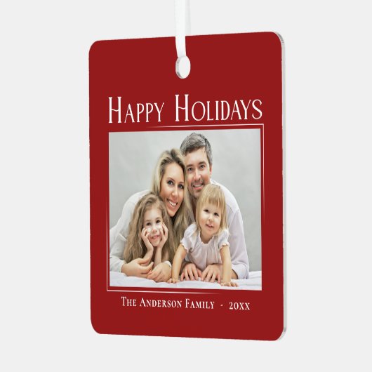 Happy Holidays Moderner Stil Elegantes Foto Ornament Aus Metall (Vorderseite links)