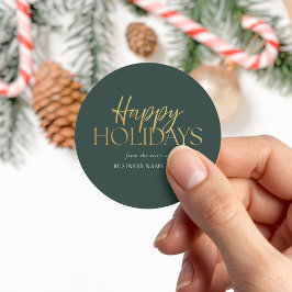 Happy Holidays Modernes Green Gold Script Business Runder Aufkleber