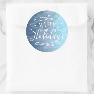 Happy Holidays Modernes Script Blue Watercolor Runder Aufkleber