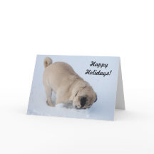 Happy Holidays Mops graben im Schnee