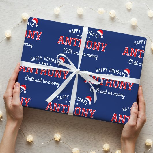 Happy Holidays Name Weihnachten Weihnachtsmannmütz Geschenkpapier