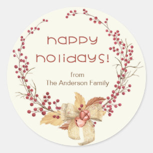 Happy Holidays Natural Berry Wreath Runder Aufkleber