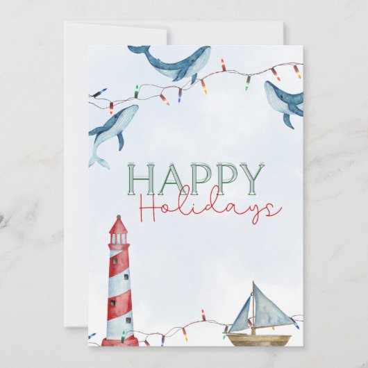 Happy Holidays - Nautical Whale & Lighthouse Feiertagskarte (Vorderseite)