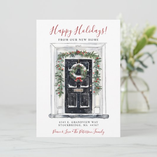 Happy Holidays Neue Zuhause Fronttür verschieben Ankündigung (Stehend Vorderseite)