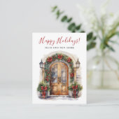 Happy Holidays Neue Zuhause Fronttür verschieben Ankündigungspostkarte (Stehend Vorderseite)