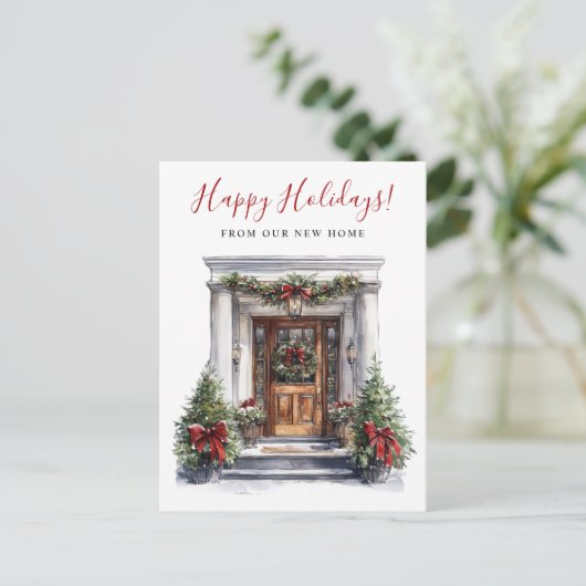 Happy Holidays Neue Zuhause Fronttür verschieben Ankündigungspostkarte (Stehend Vorderseite)