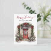 Happy Holidays Neue Zuhause Fronttür verschieben Ankündigungspostkarte (Stehend Vorderseite)