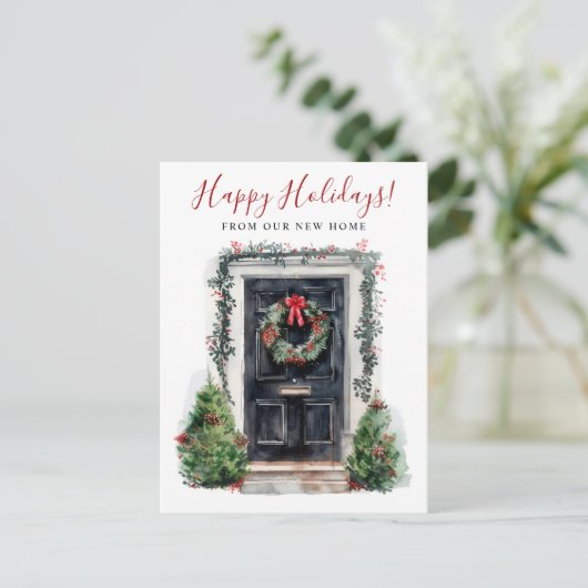 Happy Holidays Neue Zuhause Fronttür verschieben Ankündigungspostkarte (Stehend Vorderseite)