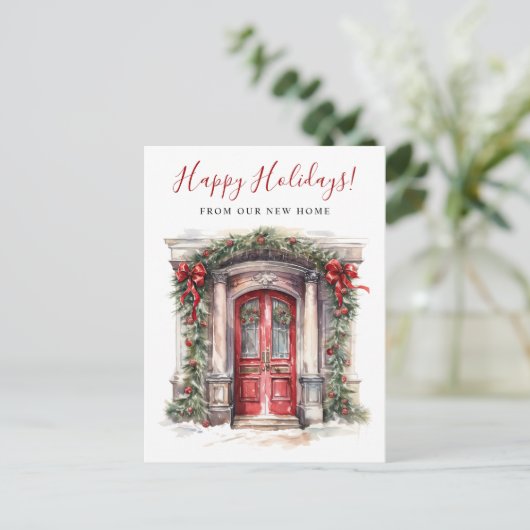 Happy Holidays Neue Zuhause Fronttür verschieben Ankündigungspostkarte (Stehend Vorderseite)
