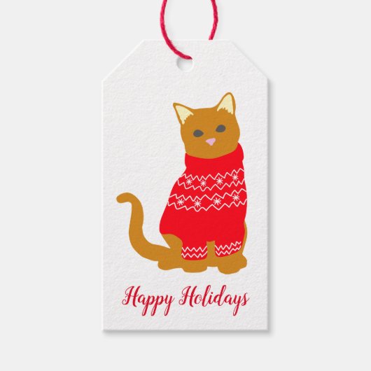 Happy Holidays Niedlich Cat in Red Christmas Jumpe Geschenkanhänger (Vorderseite)