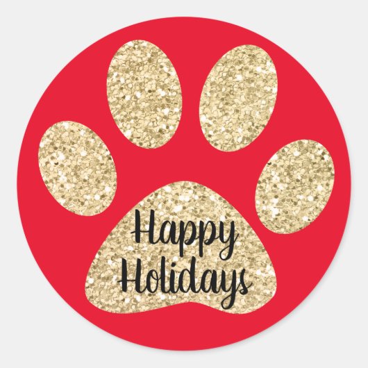 Happy Holidays Niedlich Gold Glitzer Paw Print Red Runder Aufkleber (Vorderseite)