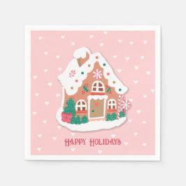 Happy Holidays Niedlich Pink Snowy Gingerbrot Hous Serviette